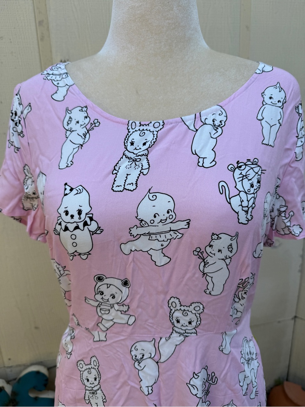 Dangerfield Cherub Face Printed Pink Mini Dress Kewpie Doll Print Kawaii Comic